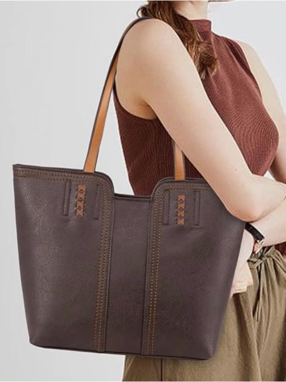 Classic Brown Leather Tote Bag with Contrast Straps